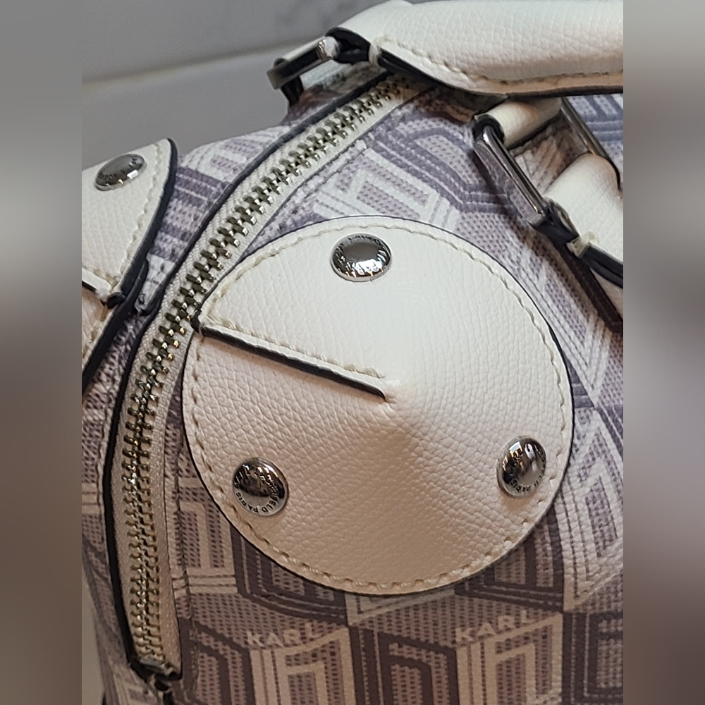 KARL LAGERFELD Valette Logo Leather Double Top Handle Bag WHITE/GRAY - Picture 8 of 11